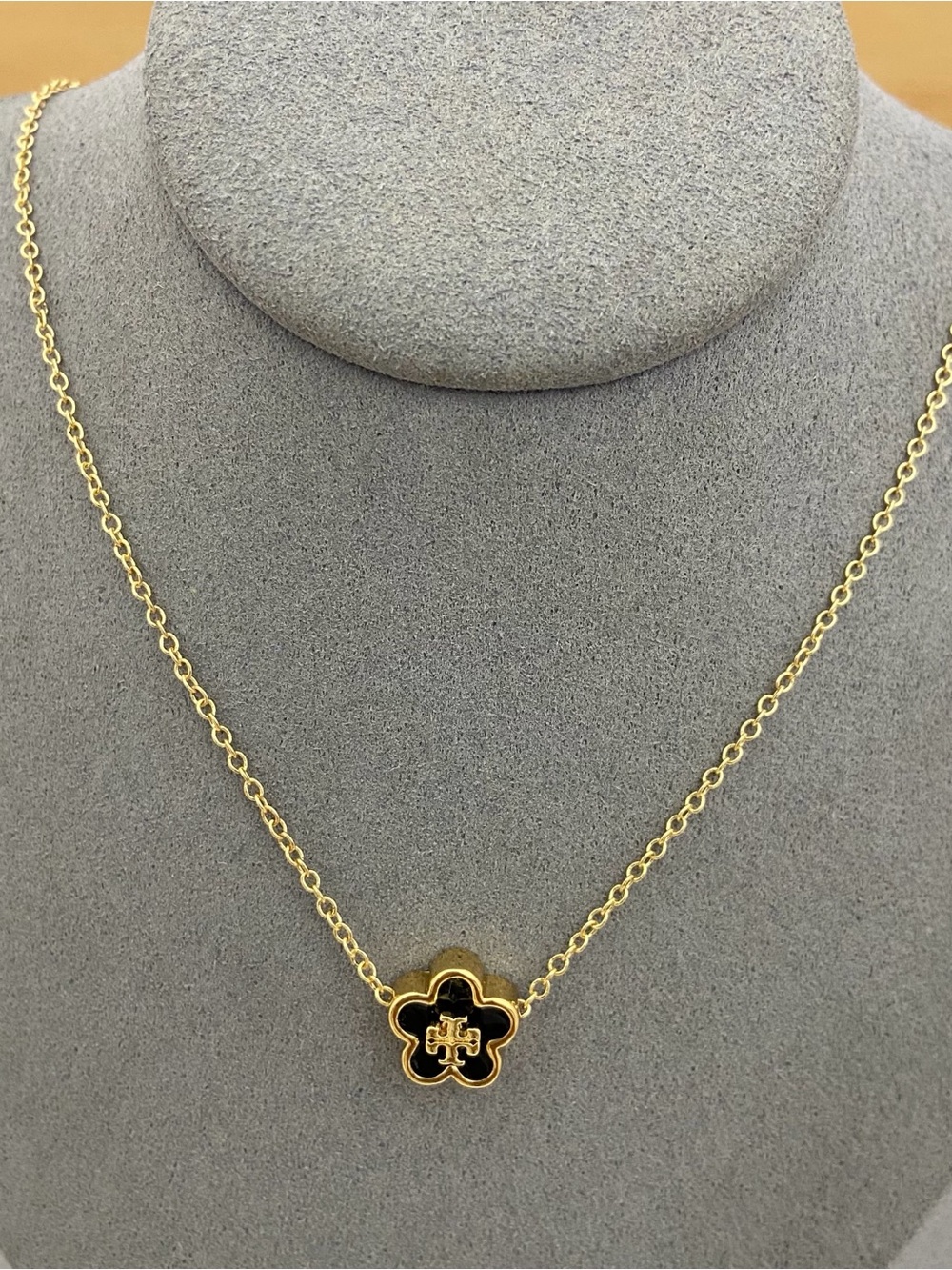 Tory Burch Gold and Black Enamel Flower Pendant Necklace